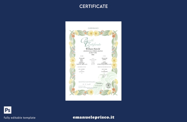 modello di certificato di nascita decorativo (commemorativo) dell'Australia Quee
